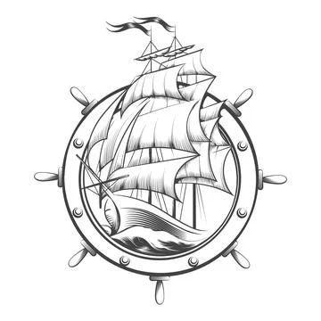 Sail Ship Inside Ship Wheel Engraving Tattoo Stock Illustration