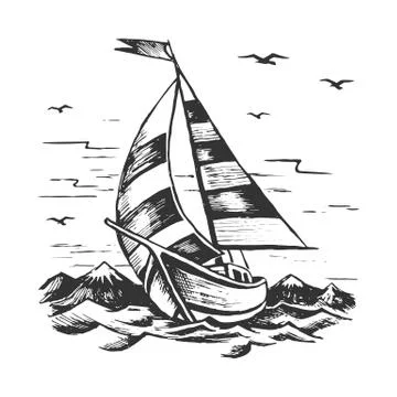 Sailboat in the background of the mountains Stock Illustration