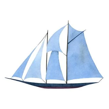 Sailboat with blue sails. Illustrazione stock