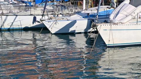 Sailboat bows reflected on rippling marina water Stock Footage 345614076