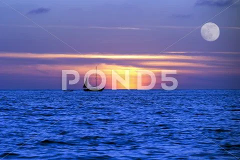 Sailboat Ocean Moon LightNight Journey Stock Photos