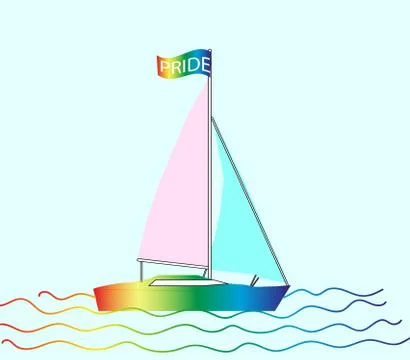 The sailboat is painted with rainbow colors with two sails of pink and blue w Stock Illustration