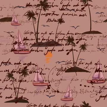 Sailboat seamless pattern, unreadable text, handwritten notes, palm, sunset Stock Illustration