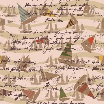 Sailboat seamless pattern, unreadable text, handwritten notes, palm, sunset Stock Illustration