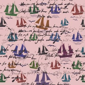 Sailboat seamless pattern, unreadable text, handwritten notes, palm, sunset 스톡 일러스트