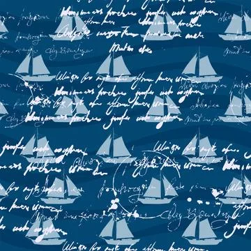Sailboat seamless pattern, unreadable text, handwritten notes, palm, sunset Illustrazione stock