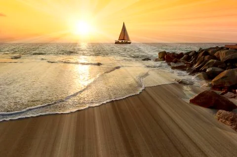 Sailboat Sunset Sun Rays Stock Photos