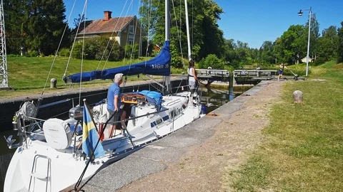 Sailboat waiting for sluice gate to open Stock Footage 96153012