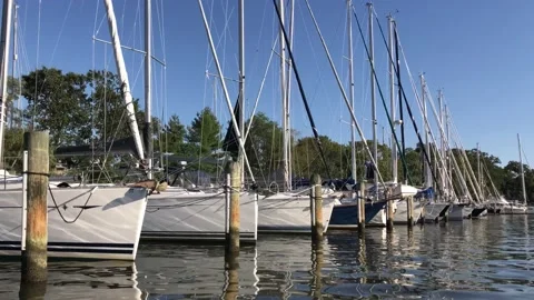Sailboats Docked in it’s slips in a marina. Stock Footage