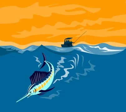 Sailfish fish jumping retro. Stock Illustration
