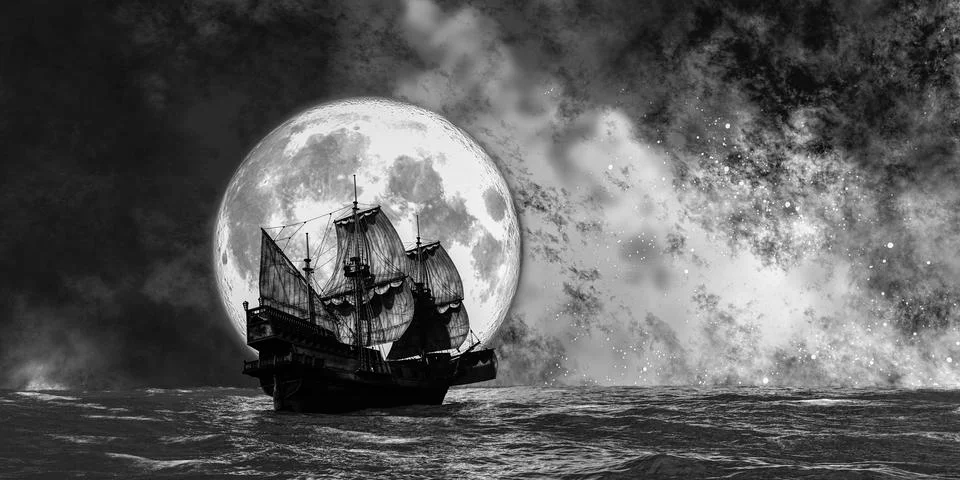 Sailing and moon Stock Illustration