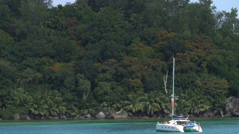 Sailing between the Seychelles islands In the background is tropical rainforest Vídeo Stock 148838962