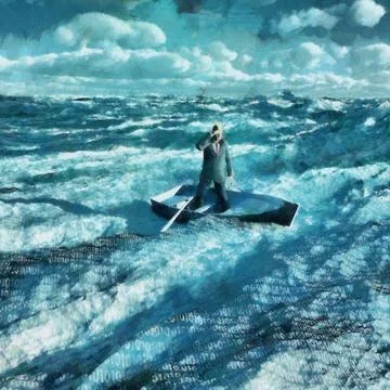 Sailing in binary code ocean Surreal painting. Man in suit floats in boat ... Stock Photos