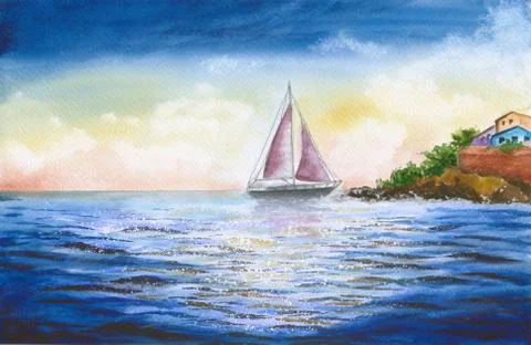 Sailing boat with beautiful scenic coast Stock Illustration
