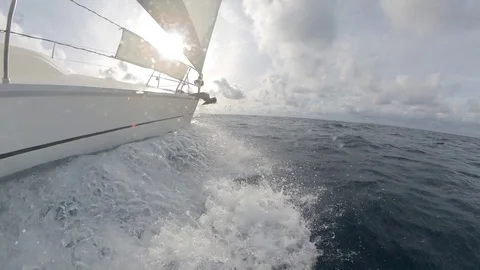 Sailing boat, close-up view of the bow while sailing with the waves Stock Footage 120740810