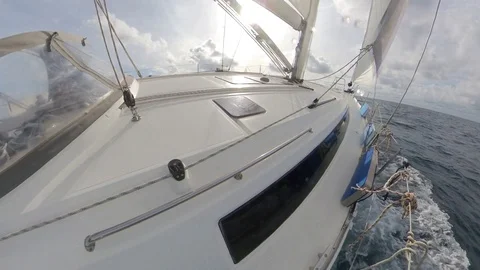 Sailing boat, close-up view of the bow while sailing with the waves Stock Footage 120742244