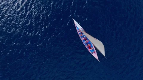 Sailing Boat, Crew, Deep Blue Sea, Top Down Stock Footage 345530506