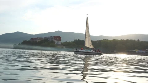 Sailing boat floating on the river Stock Footage 114316270
