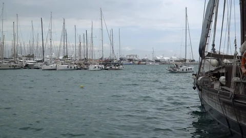 Sailing boat leaving Palma Harbor Stock Footage 89758411