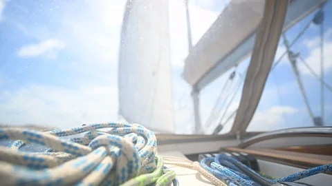 Sailing boat navigating fast in ocean, point of view from deck Stock Footage 109183261