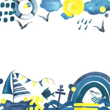 Sailing boat with a rainbow, waves, sun and blue, turquoise and yellow clouds Illustration