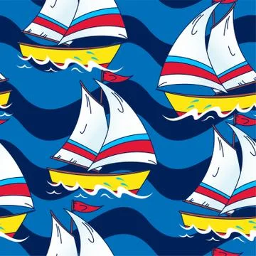 Sailing boat on the sea seamless pattern Stock Illustration