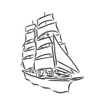 Sailing boat vector hand drawn sketch isolated with waves. Sea yacht floating Stock Illustration