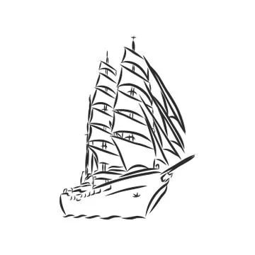 Sailing boat vector hand drawn sketch isolated with waves. Sea yacht floating Stock Illustration