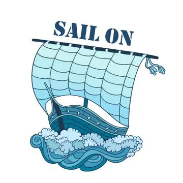Sailing Boat on Waves, vector decorative illustration, hand drawn twirl sailb Illustrazione stock