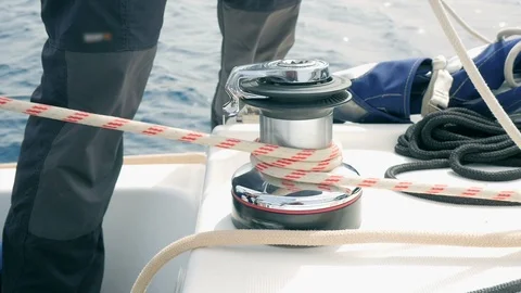 Sailing boats ropes sliding through winches closeup shot in slow motion. Stock Footage 90273864