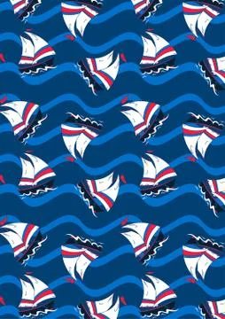Sailing boats on waves in a repeat pattern Stock Illustration