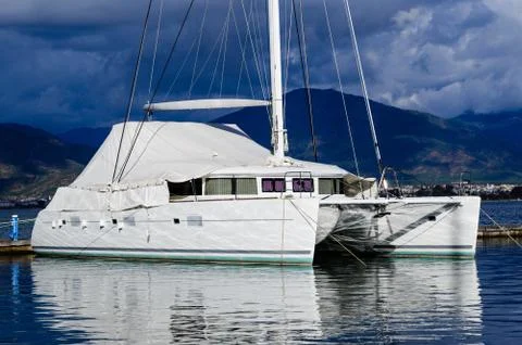 Sailing catamaran morred. Stock Photos