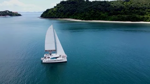 Sailing catamaran with open sails slowly floats on the sea Video stock 167789010