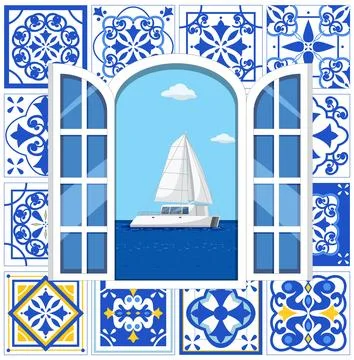 Sailing Catamaran View Through Arched Window with Mediterranean Blue Tiles Illustrazione stock