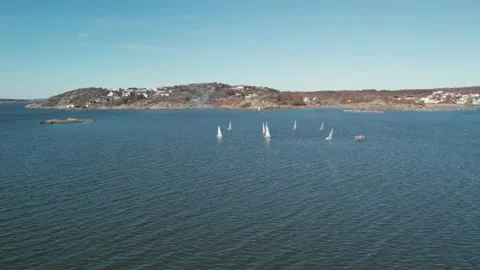 Sailing club Having Group Practice Sailing at Swedish coast, Aerial Stock Footage 276427749