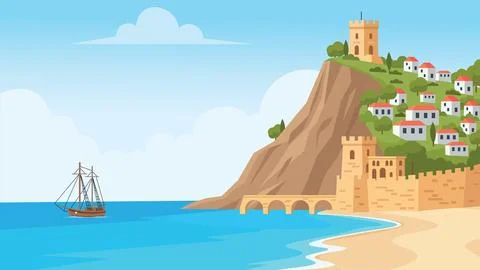 Sailing Coast Mediterranean Beach Flat Design Illustration Stock-Illustration
