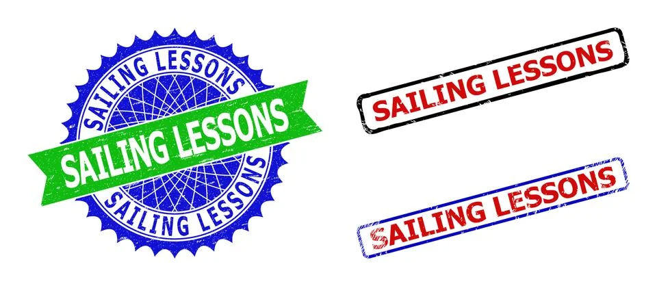 SAILING LESSONS Rosette and Rectangle Bicolor Seals with Unclean Styles Illustrazione stock