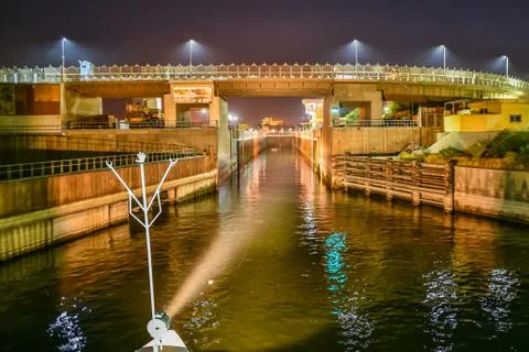 Sailing into the lock of Esna at night Stock Photos