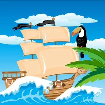 Sailing nave in tropic Stock Illustration