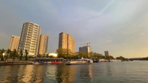 Sailing on the Seine river at sunset in Paris France Stockbeeldmateriaal 336338732