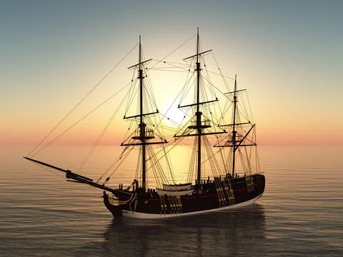 Sailing ship at anchor at sunset Stock Illustration