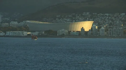 Sailing ship and Cape Town's Stadium Stock Footage 34297935