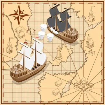 Sailing ship on the background of old maps. Stock Illustration