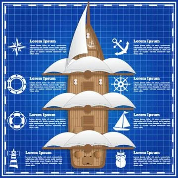 Sailing ship on a blue background. Stock Illustration
