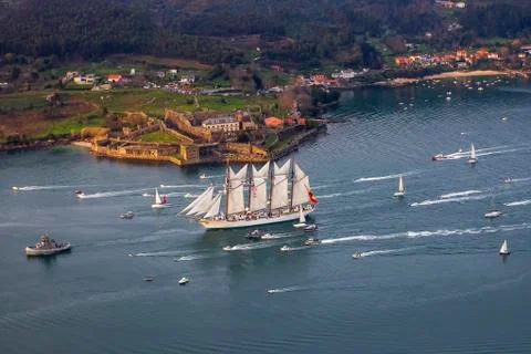Sailing Ship with Castle in the Background Saint Philippe Ferrol Estuary Gali Stock Photos