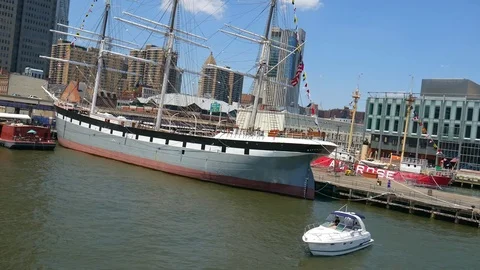 Sailing Ship Docked in Waterfront District of Manhattan Stock Footage 84889722
