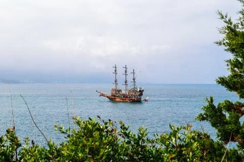Sailing ship floating in the sea Stock Photos
