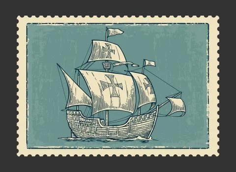 Sailing ship floating on the sea waves. 스톡 일러스트