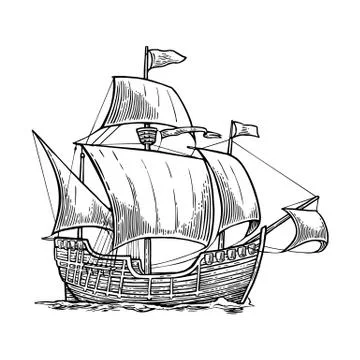 Sailing ship floating on the sea waves. Hand drawn design element. Vintage ve Stock Illustration