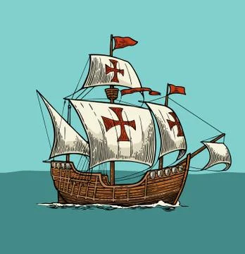 Sailing ship floating on the sea waves. Caravel Santa Maria Stock Illustration